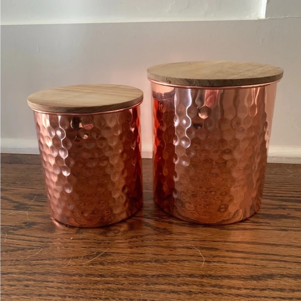 Uncommon James Copper Hammered Canister Set with Wooden Lids